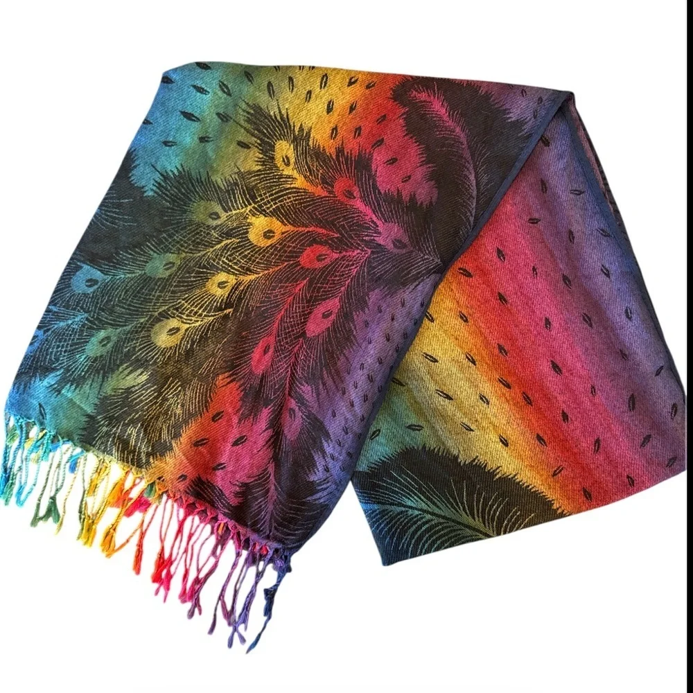 Peacock Feather Rainbow Pashmina Shawl Wrap Scarf Fringe Size OS